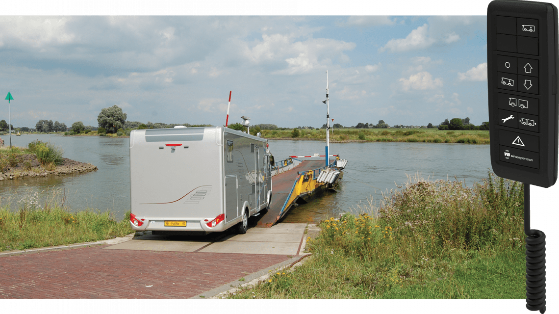 Photo: motorhome driving onto ferry / Illustration: VB-FullAir 2C Remote motorhome version