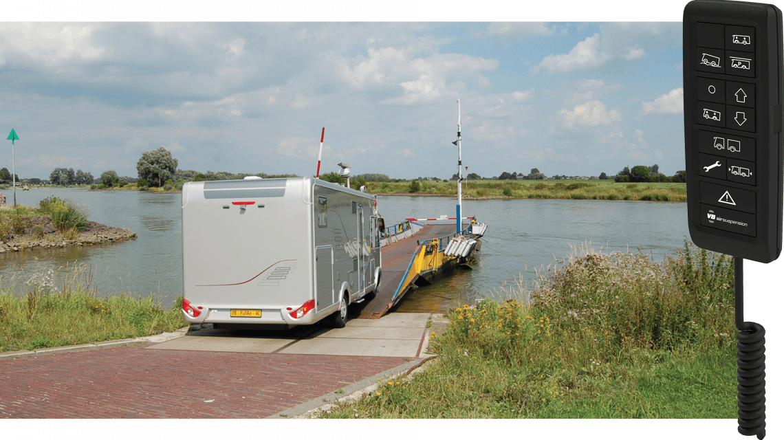 Foto: camper die veerpont oprijdt / Illustratie: VB-FullAir 4C Remote Camper variant